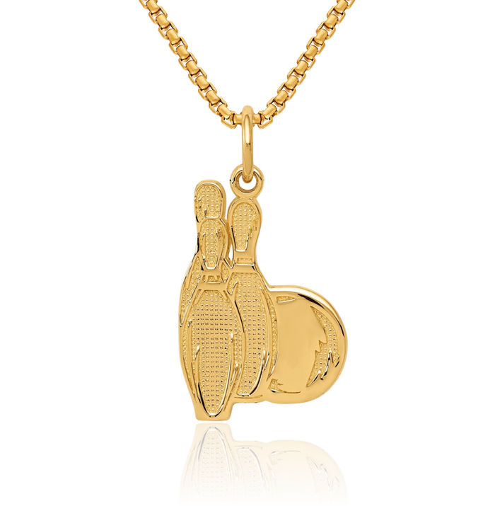 14K Solid Yellow Gold Bowling Pins Necklace Charm Sports Pendant