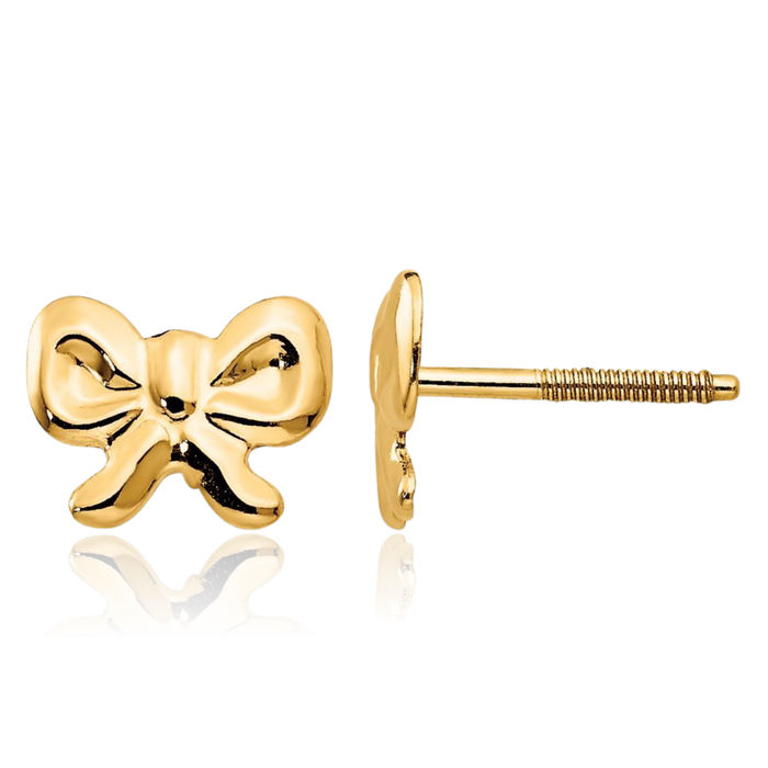 14K Solid Yellow Gold Bows Screw Back Stud Earrings