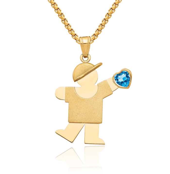 14K Solid Yellow Gold Boy Cubic Zirconia CZ Necklace Heart Charm Pendant December Birthstone Jewelry