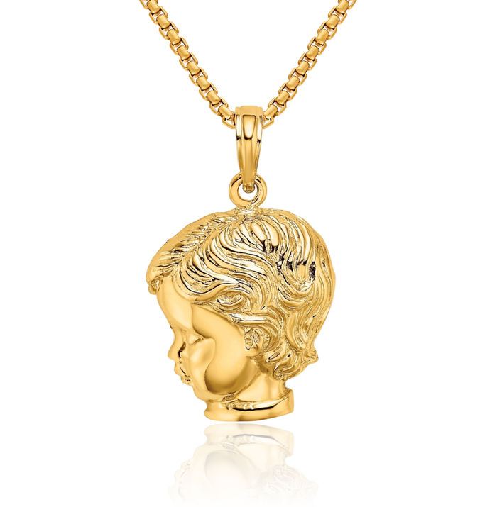 14K Solid Yellow Gold Boy Head Necklace Chain Pendant Charm