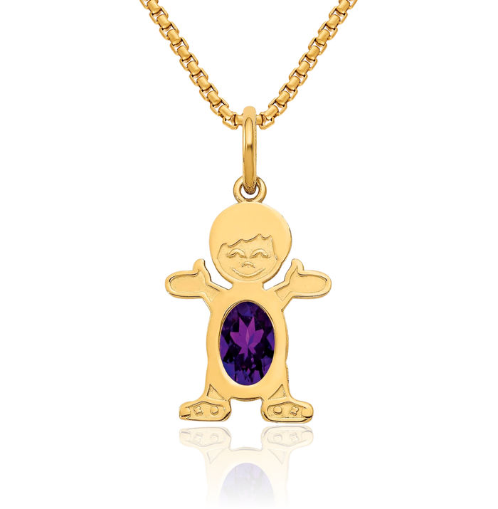 14K Solid Yellow Gold Boy Oval Purple Amethyst Necklace Chain Pendant Charm February Birthstone Jewelry