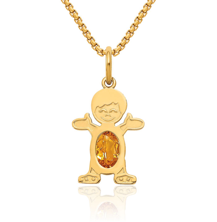 14K Solid Yellow Gold Boy Oval Orange Citrine Necklace Chain Pendant Charm November Birthstone Jewelry