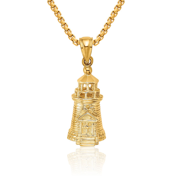 14K Solid Yellow Gold Brant Point Lighthouse Nantucket Harbor Ma Necklace Chain Pendant Charm