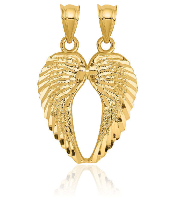 14K Solid Yellow Gold Break-apart Guardian Angel Wings Necklace Protect Us Cherub Pendant Religious Charm