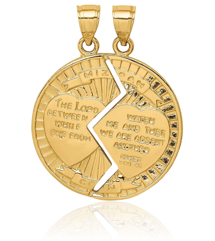 14K Solid Yellow Gold Break-apart Mizpah Coin Set Necklace Couples His Hers Religious Christian Chain Pendant Genesis 31:49 Charm