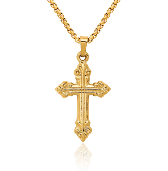 14K Solid Yellow Gold Budded Holy Cross Necklace Religious Chain Pendant Jesus Christ Christian Charm