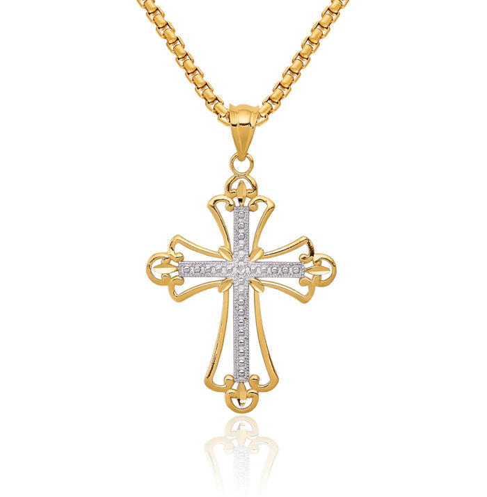 14K Solid Yellow Gold Budded Holy Cross Necklace Religious Chain Pendant Jesus Christ Christian Charm