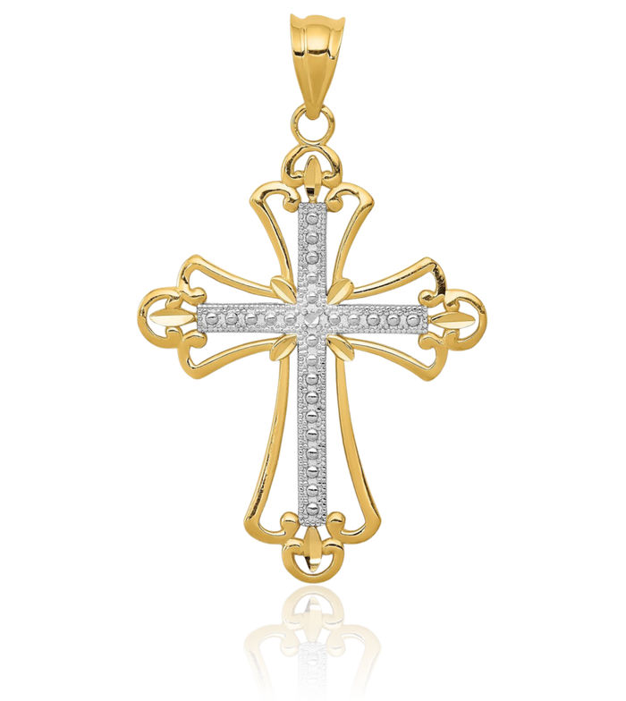 14K Solid Yellow Gold Budded Holy Cross Necklace Religious Chain Pendant Jesus Christ Christian Charm