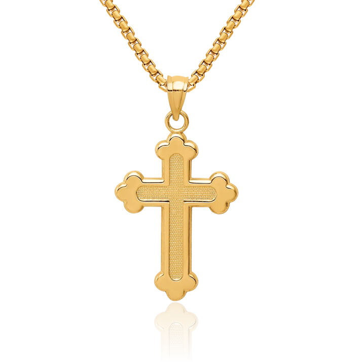 14K Solid Yellow Gold Budded Holy Cross Necklace Religious Chain Pendant Jesus Christ Christian Charm