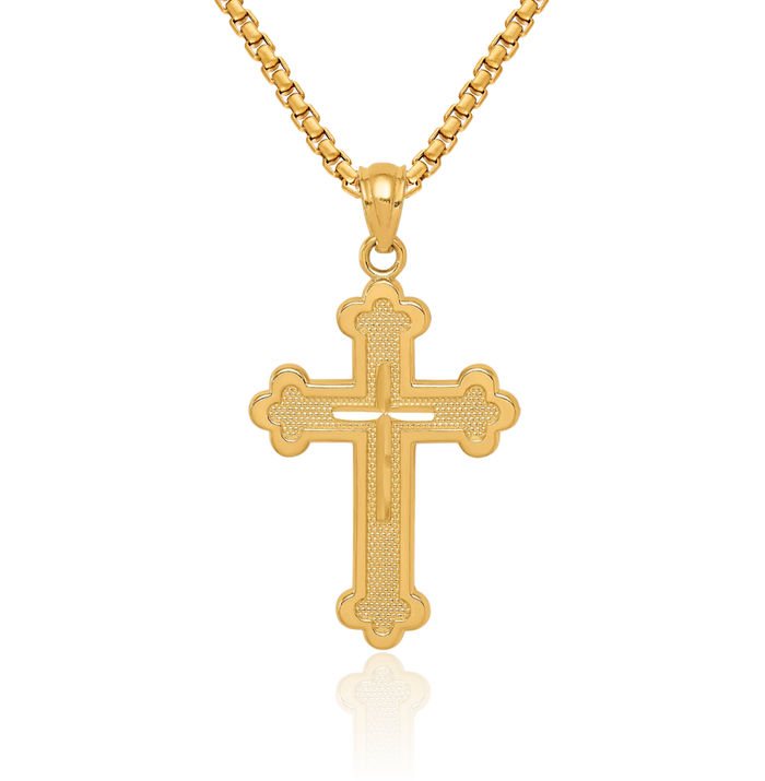 14K Solid Yellow Gold Budded Holy Cross Necklace Religious Chain Pendant Jesus Christ Christian Charm