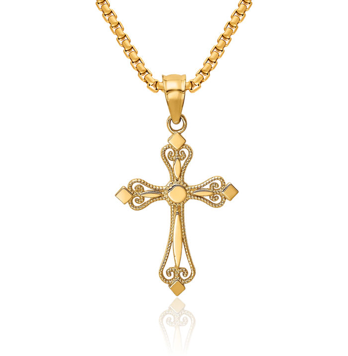 14K Solid Yellow Gold Budded Holy Cross Necklace Religious Chain Pendant Jesus Christ Christian Charm