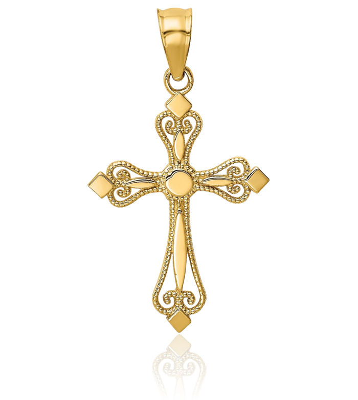 14K Solid Yellow Gold Budded Holy Cross Necklace Religious Chain Pendant Jesus Christ Christian Charm