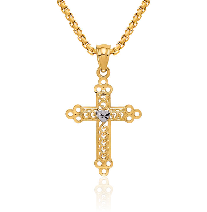 14K Solid Yellow Gold Budded Holy Cross Necklace Religious Chain Pendant Jesus Christ Christian Charm