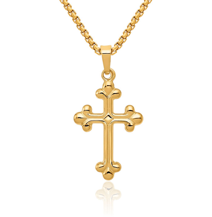 14K Solid Yellow Gold Budded Holy Cross Necklace Religious Chain Pendant Jesus Christ Christian Charm