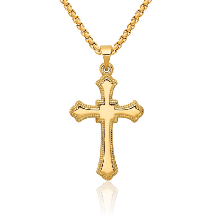 14K Solid Yellow Gold Budded Holy Cross Necklace Religious Chain Pendant Jesus Christ Christian Charm