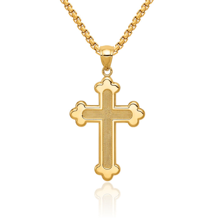 14K Solid Yellow Gold Budded Holy Cross Necklace Religious Chain Pendant Jesus Christ Christian Charm