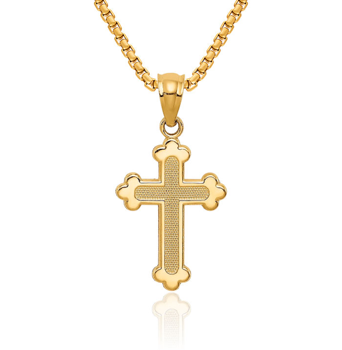 14K Solid Yellow Gold Budded Holy Cross Necklace Religious Chain Pendant Jesus Christ Christian Charm