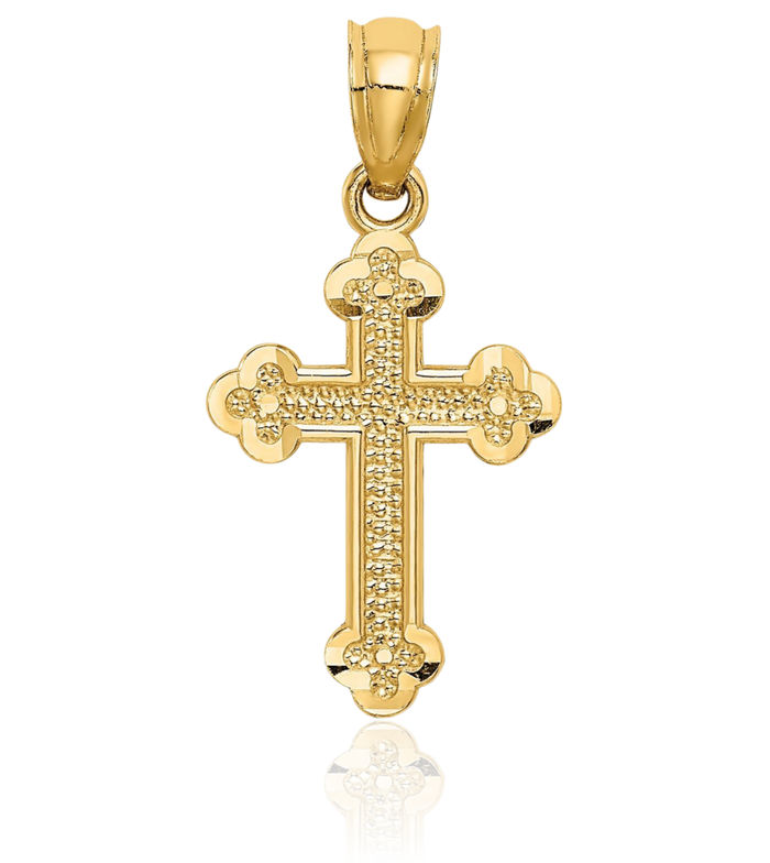 14K Solid Yellow Gold Budded Holy Cross Necklace Religious Chain Pendant Jesus Christ Christian Charm