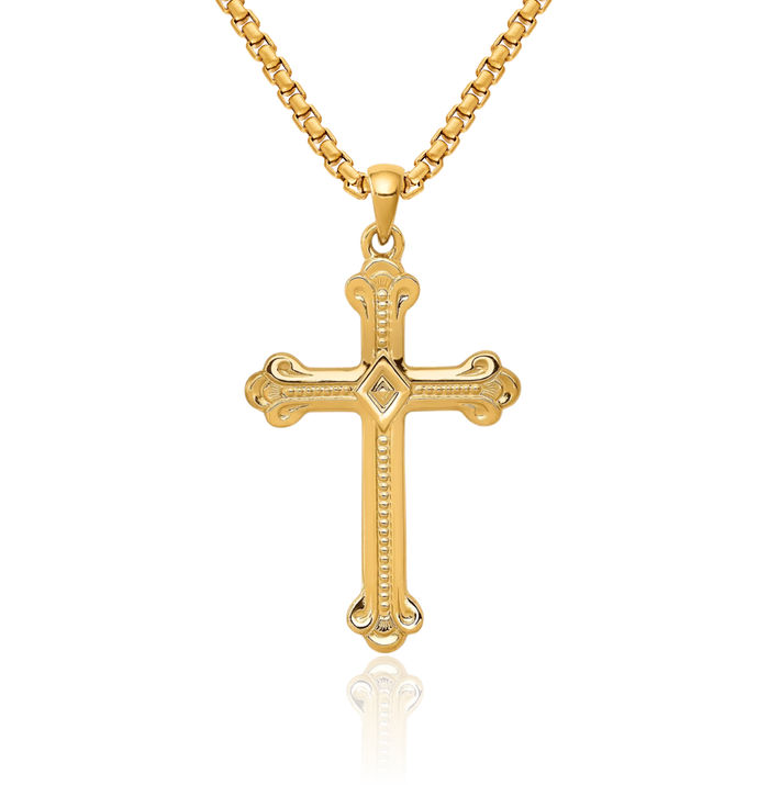 14K Solid Yellow Gold Budded Holy Cross Necklace Religious Chain Pendant Jesus Christ Christian Charm