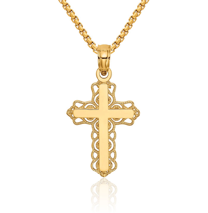 14K Solid Yellow Gold Budded Latin Mexican Holy Cross Necklace Religious Chain Pendant Jesus Christ Christian Charm