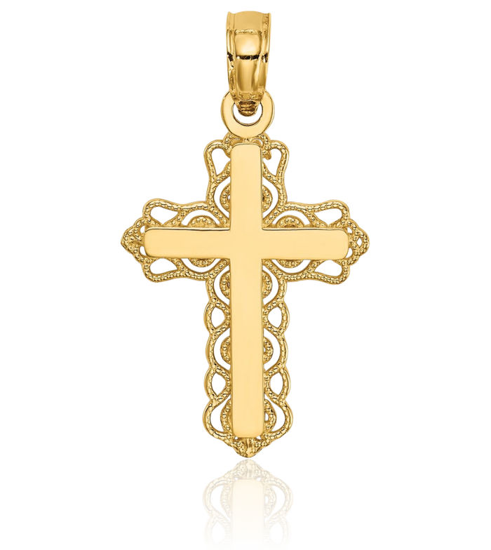 14K Solid Yellow Gold Budded Latin Mexican Holy Cross Necklace Religious Chain Pendant Jesus Christ Christian Charm