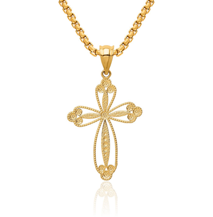 14K Solid Yellow Gold Budded Holy Cross Necklace Religious Chain Pendant Jesus Christ Christian Charm