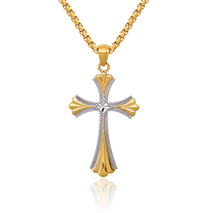 14K Solid Yellow Gold Budded Holy Cross Necklace Religious Chain Pendant Jesus Christ Christian Charm