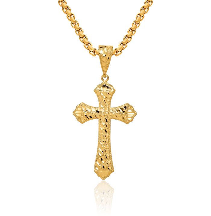 14K Solid Yellow Gold Budded Holy Cross Necklace Religious Chain Pendant Jesus Christ Christian Charm