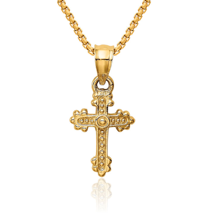 14K Solid Yellow Gold Budded Holy Cross Necklace Religious Chain Pendant Jesus Christ Christian Charm