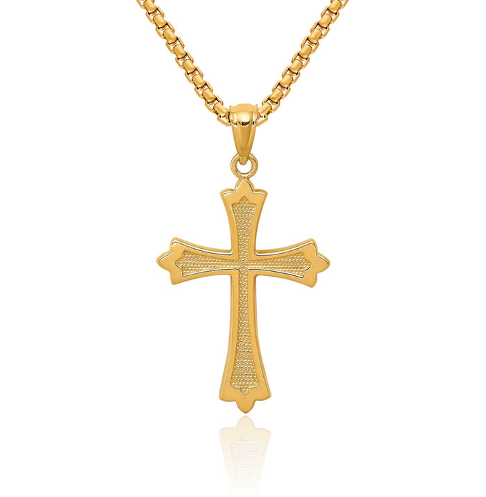 14K Solid Yellow Gold Budded Holy Cross Necklace Religious Chain Pendant Jesus Christ Christian Charm