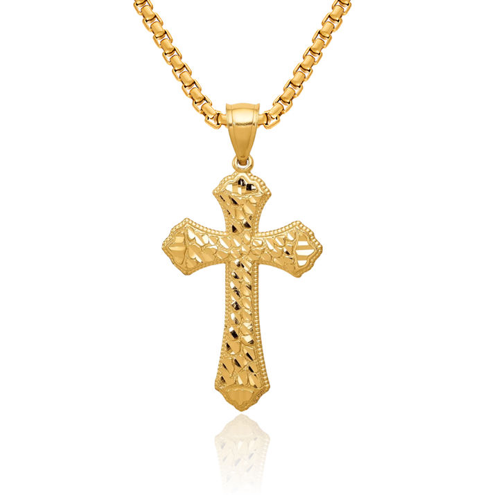 14K Solid Yellow Gold Budded Holy Cross Necklace Religious Chain Pendant Jesus Christ Christian Charm