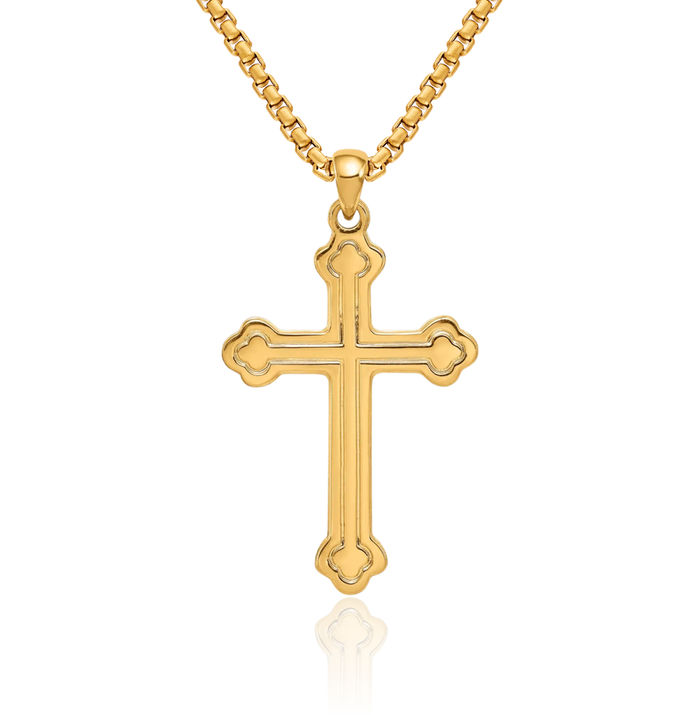 14K Solid Yellow Gold Budded Holy Cross Necklace Religious Chain Pendant Jesus Christ Christian Charm