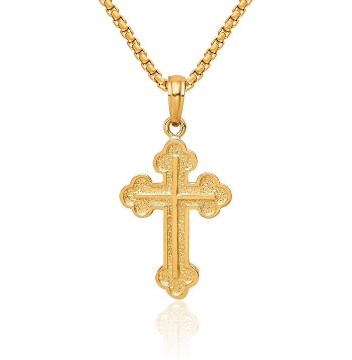 14K Solid Yellow Gold Budded Holy Cross Necklace Religious Chain Pendant Jesus Christ Christian Charm