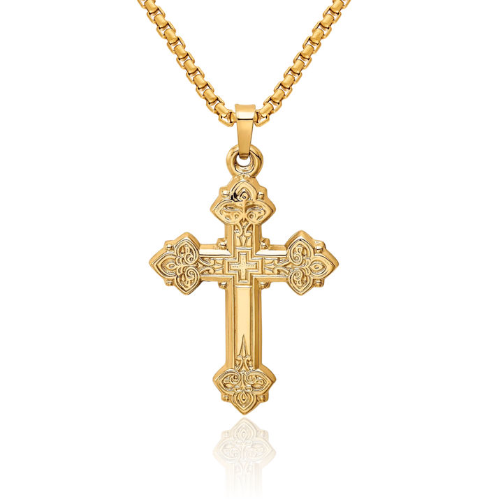 14K Solid Yellow Gold Budded Holy Cross Necklace Religious Chain Pendant Jesus Christ Christian Charm