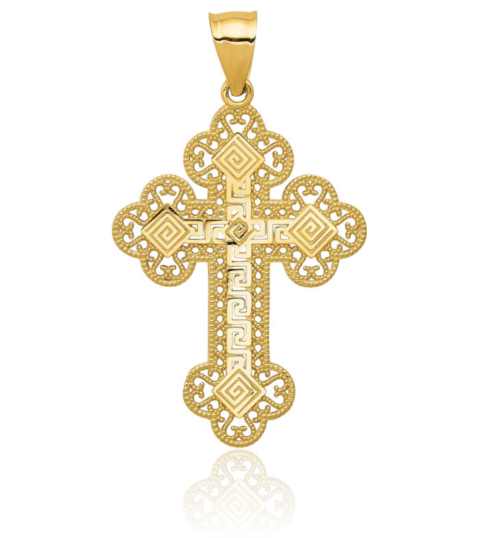 14K Yellow Gold Budded Greek Key Cross Necklace