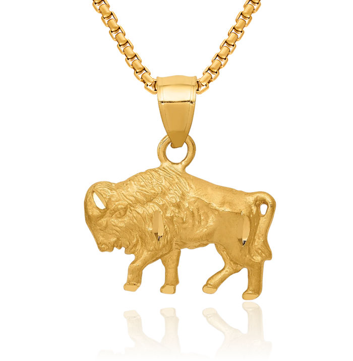 14K Solid Yellow Gold Buffalo Bull Head Skull Necklace Chain Pendant Charm