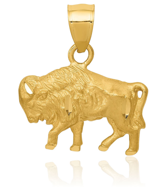 14K Solid Yellow Gold Buffalo Bull Head Skull Necklace Chain Pendant Charm