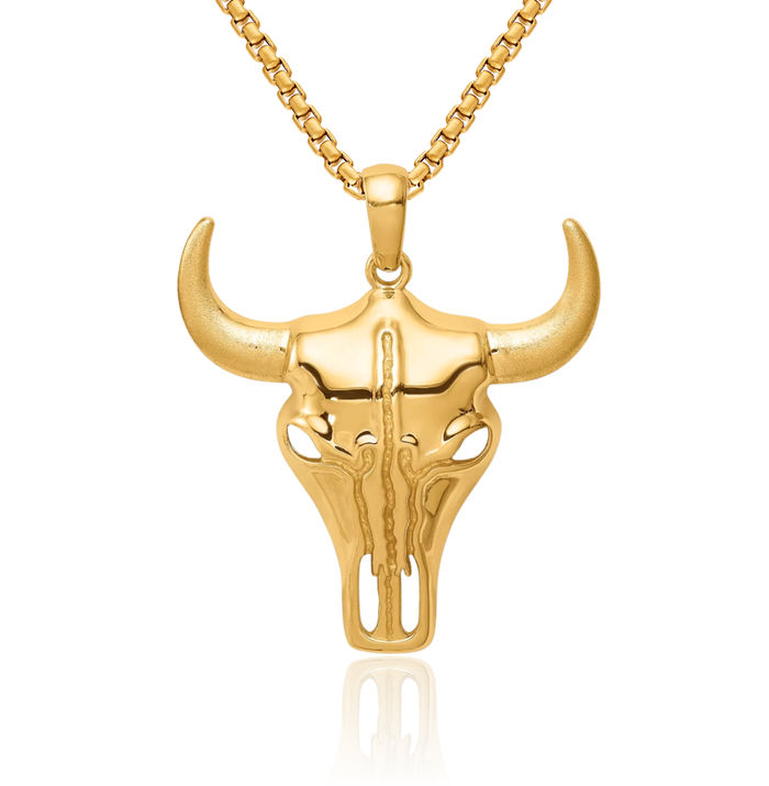 14K Solid Yellow Gold Buffalo Bull Head Skull Necklace Chain Pendant Charm