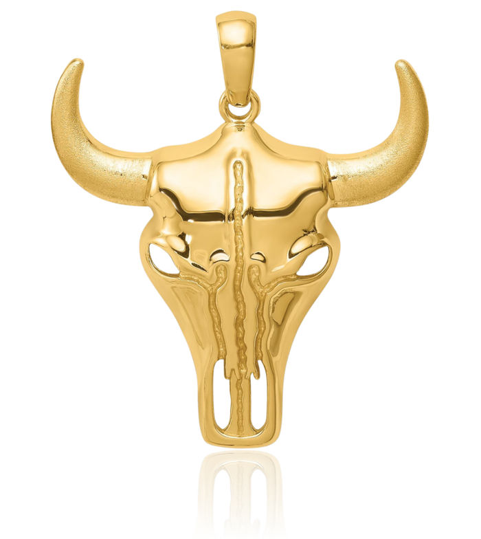 14K Solid Yellow Gold Buffalo Bull Head Skull Necklace Chain Pendant Charm