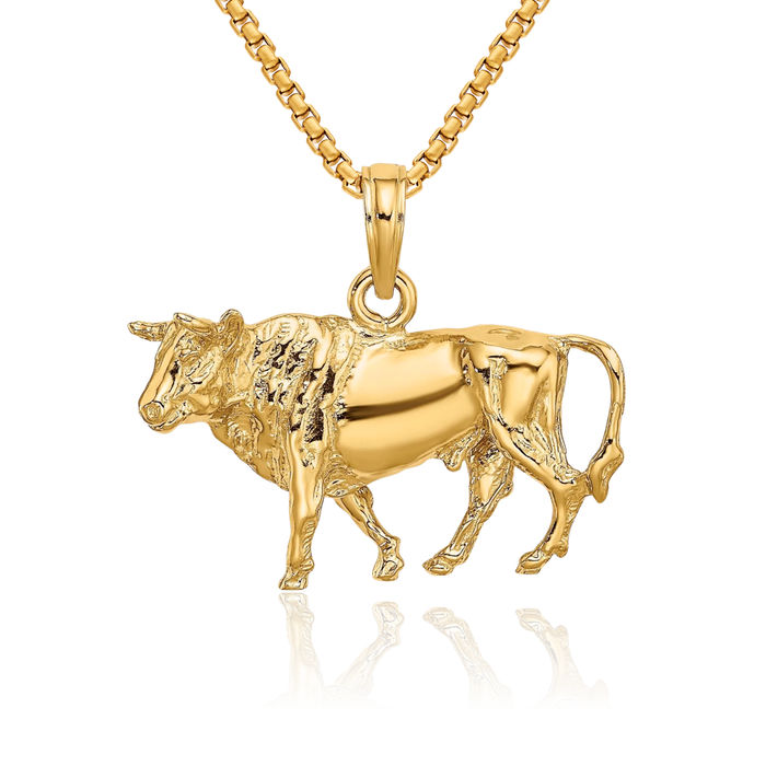 14K Solid Yellow Gold Buffalo Bull Head Skull Necklace Western Cowboy Pendant Taurus Charm