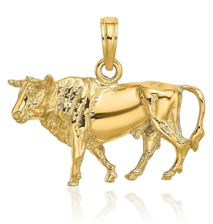 14K Solid Yellow Gold Buffalo Bull Head Skull Necklace Western Cowboy Pendant Taurus Charm