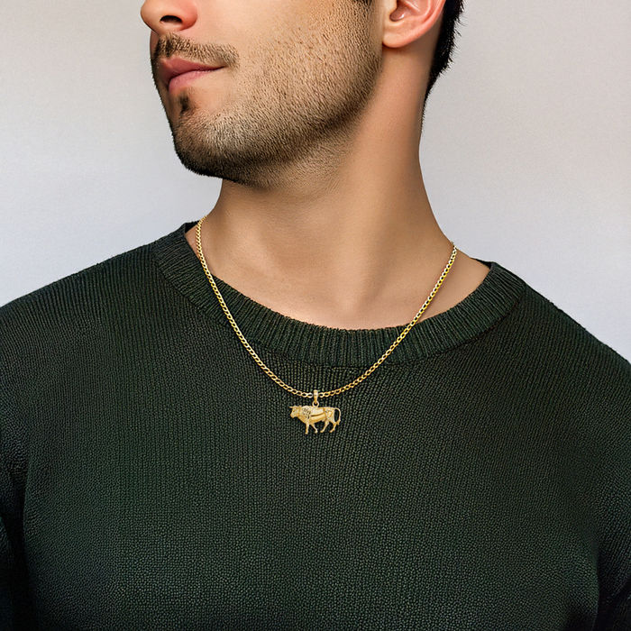 14K Solid Yellow Gold Buffalo Bull Head Skull Necklace Western Cowboy Pendant Taurus Charm