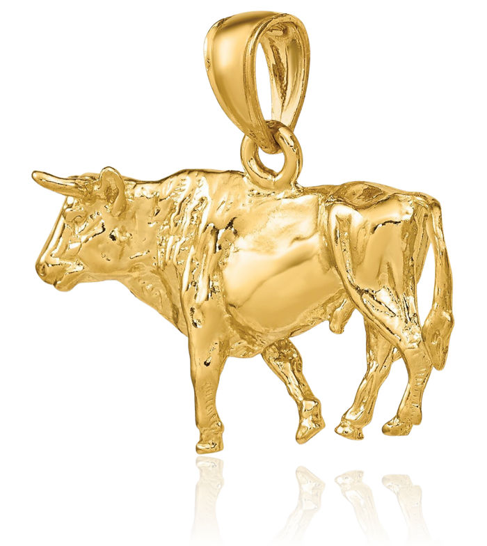 14K Solid Yellow Gold Buffalo Bull Head Skull Necklace Western Cowboy Pendant Taurus Charm
