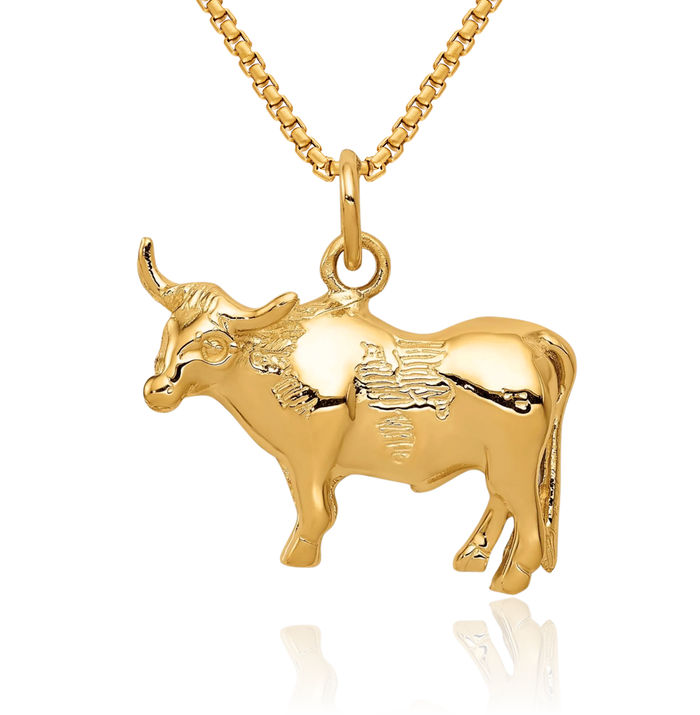 14K Solid Yellow Gold Buffalo Bull Necklace Chain Pendant Charm