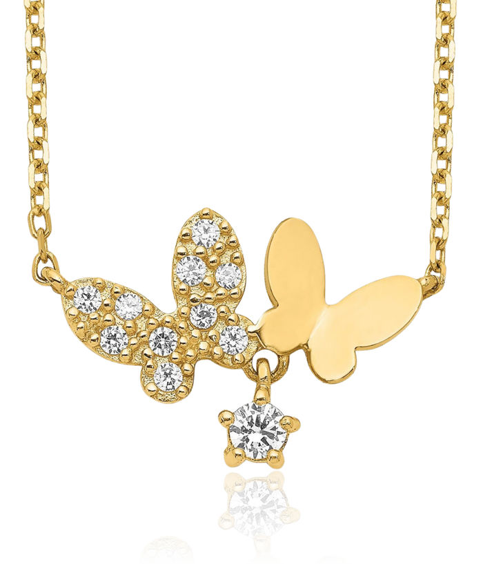 14K Solid Yellow Gold Butterflies Cubic Zirconia CZ Necklace Chain