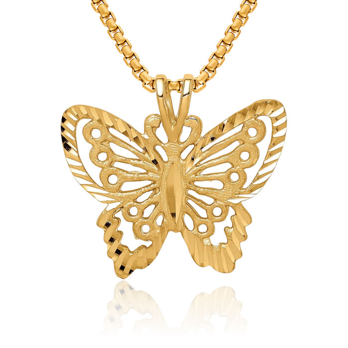 14K Solid Yellow Gold Butterfly Wings Chain Necklace Pendant Charm