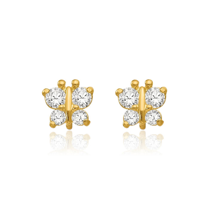 14K Solid Yellow Gold Butterfly Wings Cubic Zirconia CZ Stud Earrings