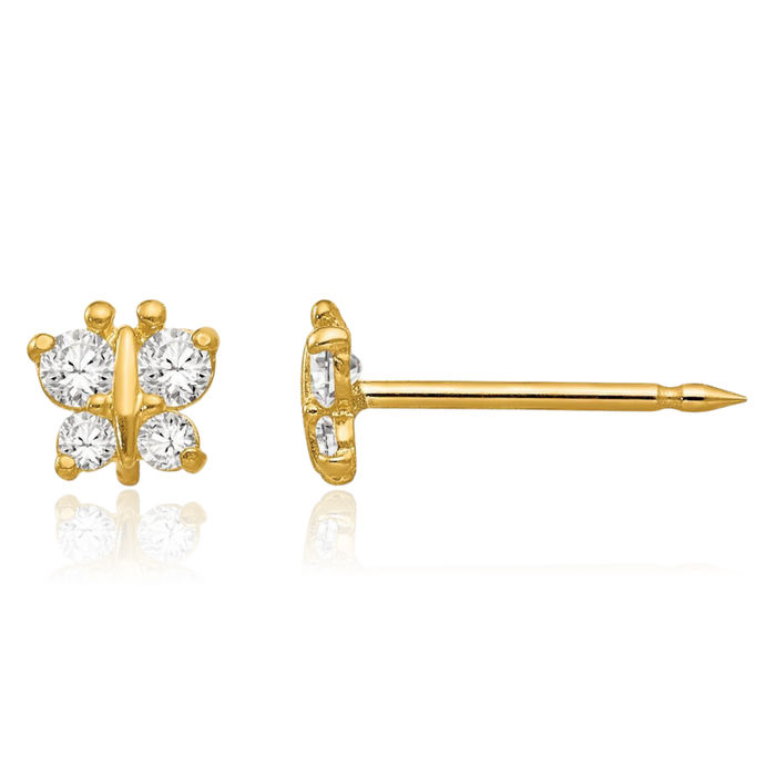 14K Solid Yellow Gold Butterfly Wings Cubic Zirconia CZ Stud Earrings