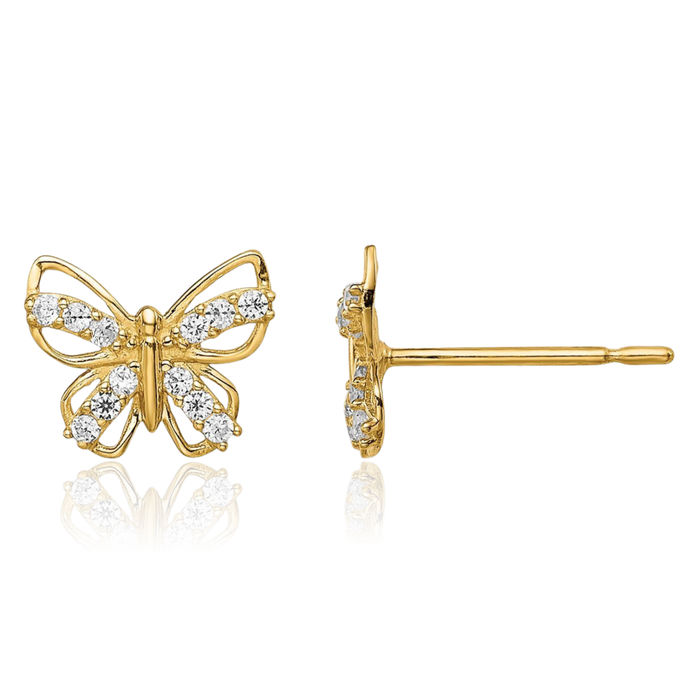 14K Solid Yellow Gold Butterfly Wings Cubic Zirconia CZ Stud Earrings