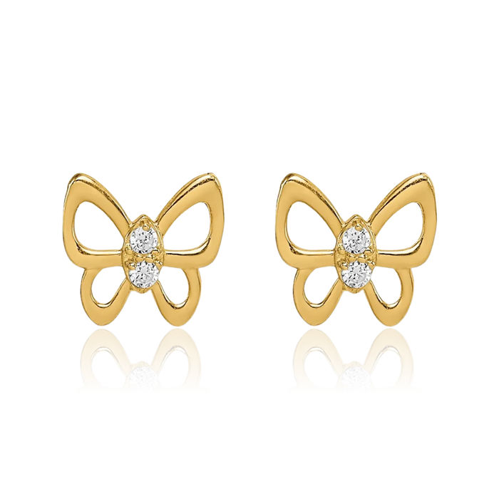 14K Solid Yellow Gold Butterfly Wings Cubic Zirconia CZ Stud Earrings